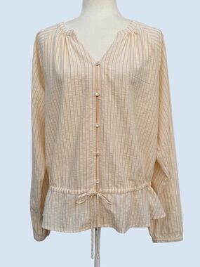 Time and Tru Cream Striped Drawstring Peplum Blouse